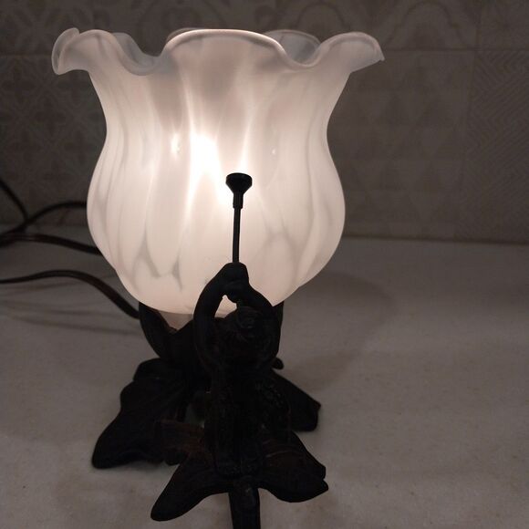 Vintage-Inspired Bronze Cherub Accent Lamp Tulip Frosted Glass Shade Nightlight - Picture 7 of 16